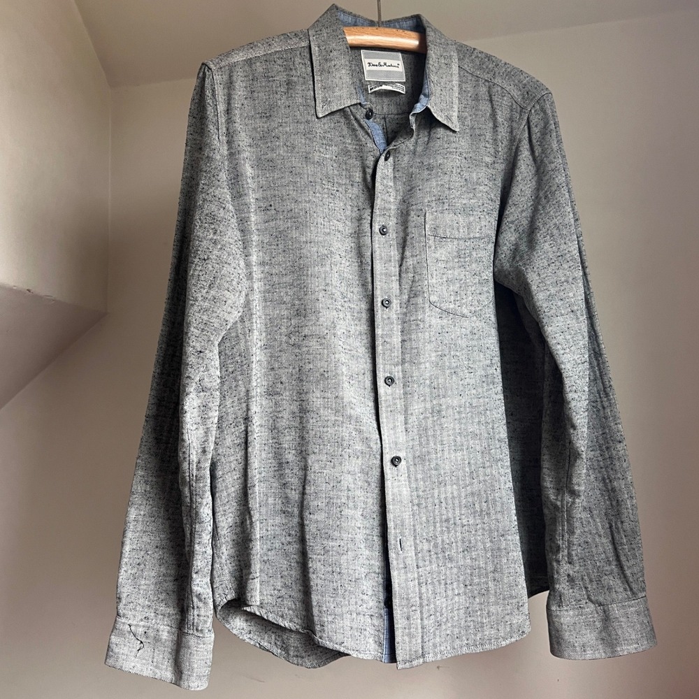 Deus Ex Machina Mens Grey Herringbone Long‎ Sleeve Button Up Shirt Medium Cotton